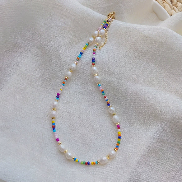 Pearl And Organic Glass Handwoven Geometric Ball Chain Clavicle Necklace For Girls