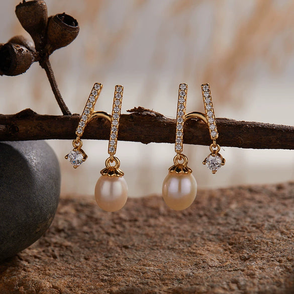 Pearl And S925 Sterling Silver Earrings Light Luxury Geometric Style With Gems