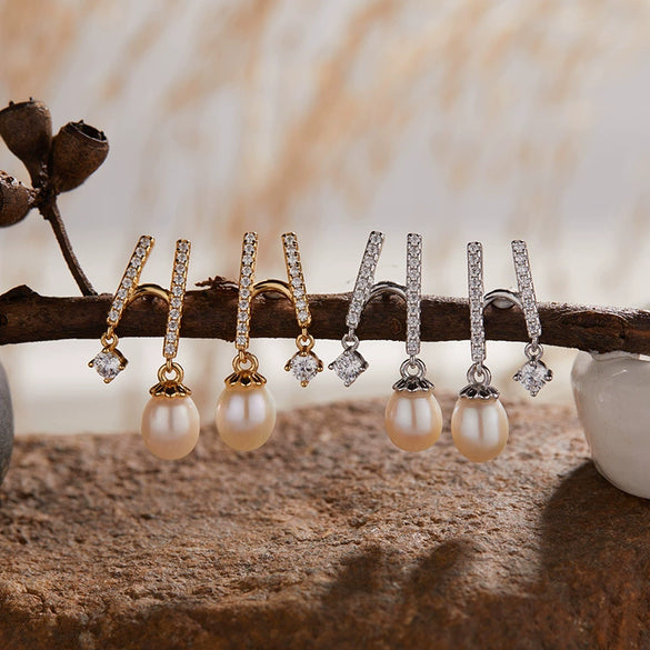 Pearl And S925 Sterling Silver Earrings Light Luxury Geometric Style With Gems