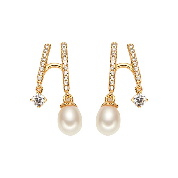 Pearl And S925 Sterling Silver Earrings Light Luxury Geometric Style With Gems