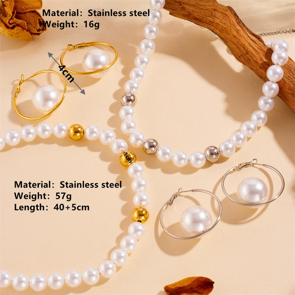 Pearl And Steel Ball Combination Necklace And Bracelet Set Titanium Steel Round Pattern Electroplated Lovely Style For Women