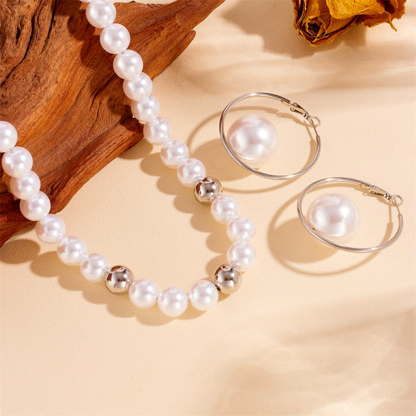 Pearl And Steel Ball Combination Necklace And Bracelet Set Titanium Steel Round Pattern Electroplated Lovely Style For Women