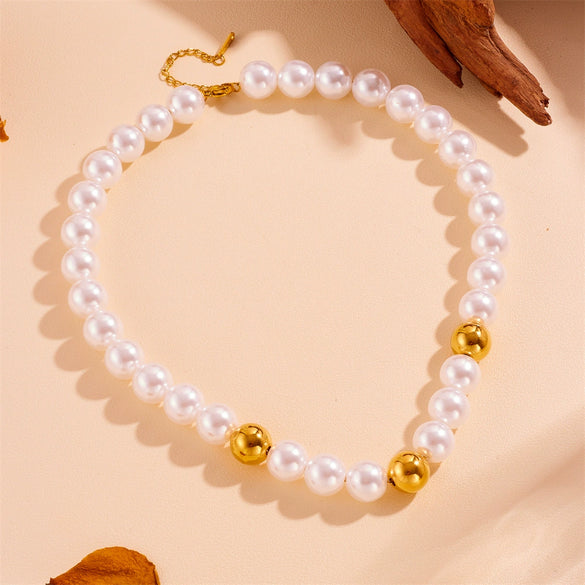 Pearl And Steel Ball Combination Necklace And Bracelet Set Titanium Steel Round Pattern Electroplated Lovely Style For Women