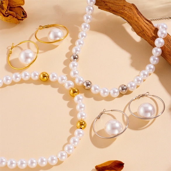 Pearl And Steel Ball Combination Necklace And Bracelet Set Titanium Steel Round Pattern Electroplated Lovely Style For Women