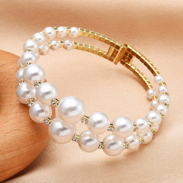 Pearl And Titanium Steel Double Layer Diamond Bracelet Fashionable Light Luxury Niche Jewelry For Women