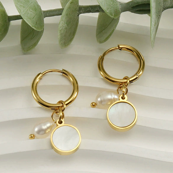 Pearl And Titanium Steel Women's Fashion Earrings With Geometric Design And Electroplating