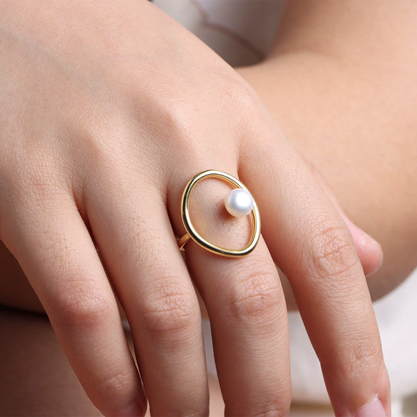 Pearl And Zinc Alloy Geometric Finger Ring Retro Simple Style For Women