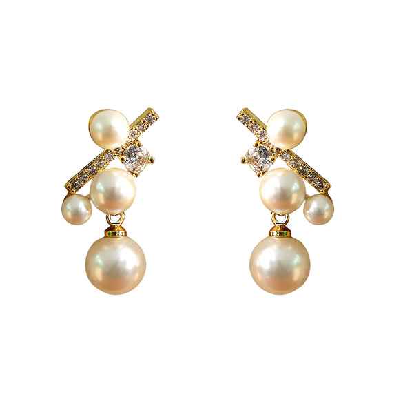 Pearl And Zircon Earrings For Women Copper Material Geometric Style Electroplated