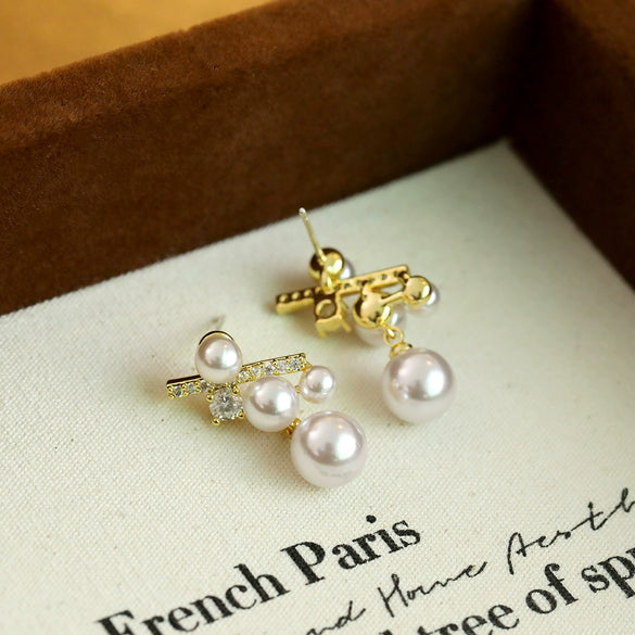 Pearl And Zircon Earrings For Women Copper Material Geometric Style Electroplated
