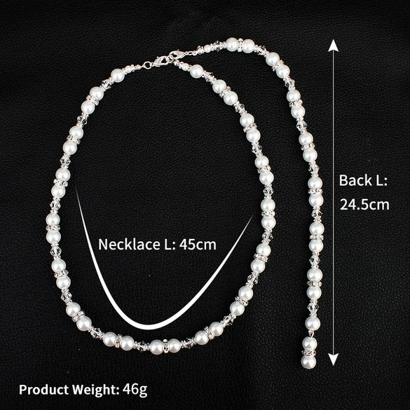 Pearl Ball Chain Women's Geometric Drop Shape Diamond Design Long Pendant Back Chain Necklace