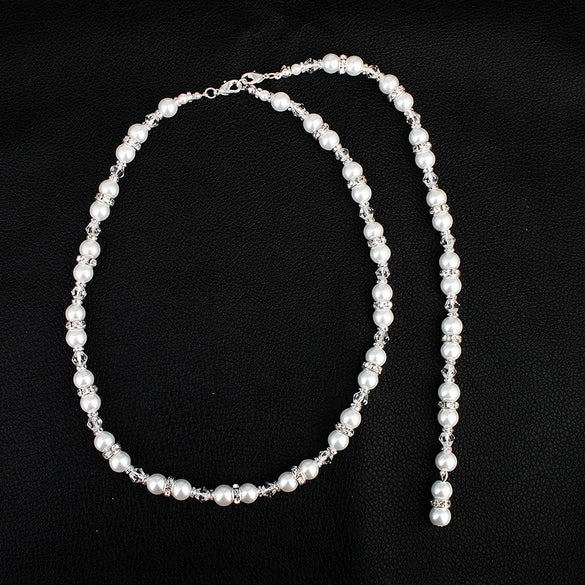 Pearl Ball Chain Women's Geometric Drop Shape Diamond Design Long Pendant Back Chain Necklace