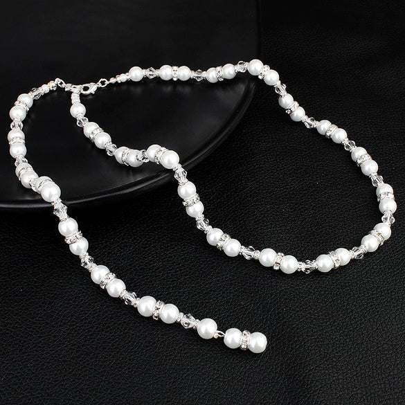 Pearl Ball Chain Women's Geometric Drop Shape Diamond Design Long Pendant Back Chain Necklace