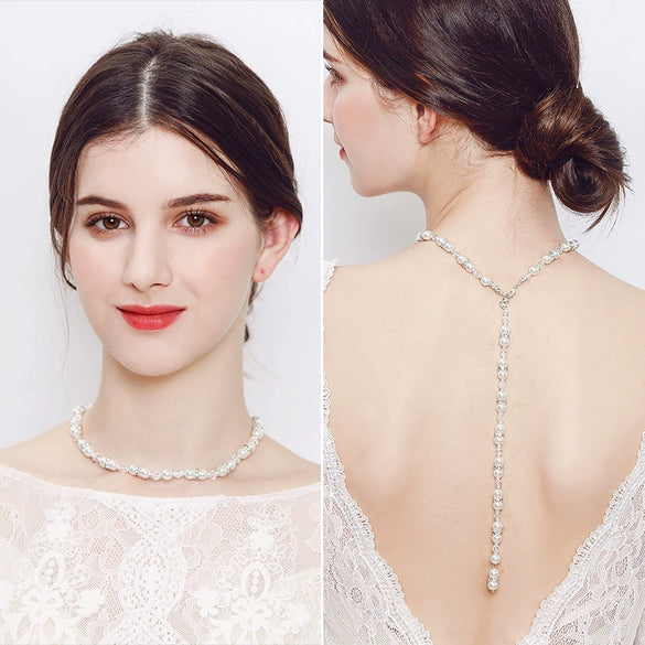 Pearl Ball Chain Women's Geometric Drop Shape Diamond Design Long Pendant Back Chain Necklace
