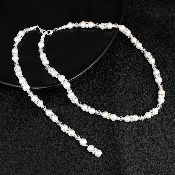 Pearl Ball Chain Women's Geometric Drop Shape Diamond Design Long Pendant Back Chain Necklace