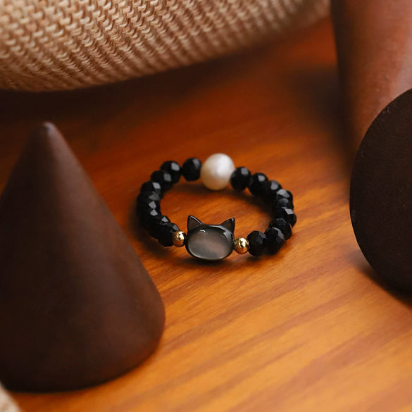 Pearl Beaded Elastic Ring With Cat Animal Pattern Unisex Elegant Cartoon Style