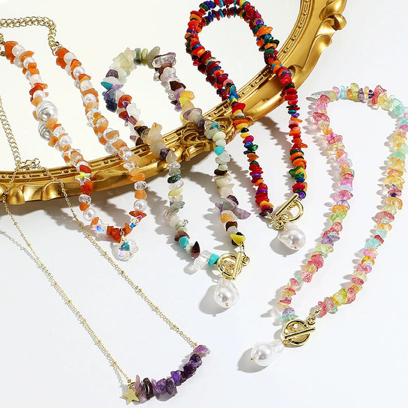 Pearl Beaded Necklace With Geometric Design And Electroplating Treatment For Women