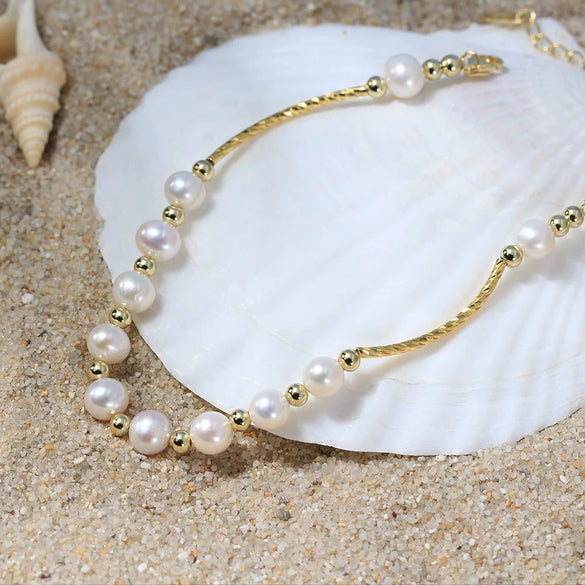 Pearl Beaded Women's Jewelry S925 Sterling Silver Bracelet With Geometric Design And Electroplating