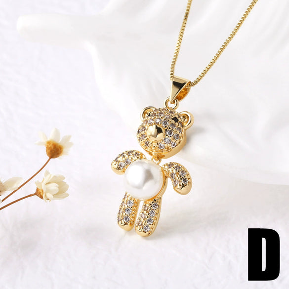 Pearl Bear Pendant Necklace Copper Electroplating Geometric Style