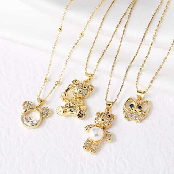 Pearl Bear Pendant Necklace Copper Electroplating Geometric Style