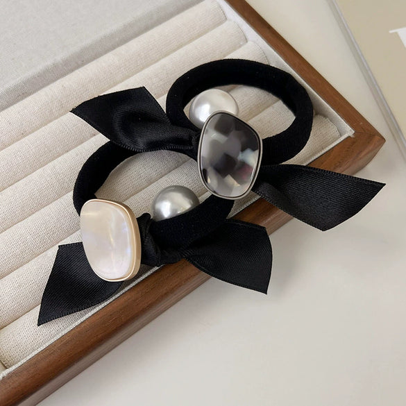 Pearl Bow Hair Tie Fabric Handmade