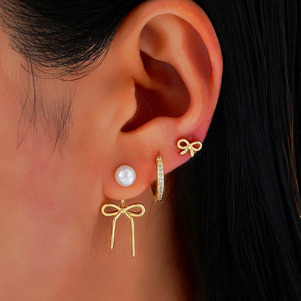 Pearl Bow Pendant Earrings Set Copper Electroplating Women's