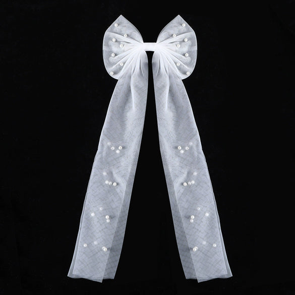 Pearl Bow Polyester Mesh Ribbon Women's Hair Accessories And Bridal Wedding Veil Headwear With Pure Nature Pattern