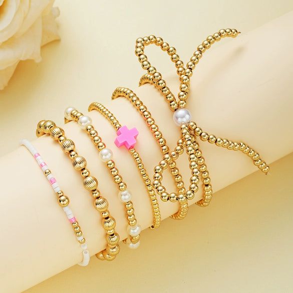 Pearl Bow Shaped Hand Jewelry Set With Electroplating Ccb Material For Women