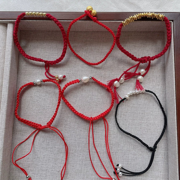 Pearl Bracelet Copper Alloy Freshwater Pearls Rice Type Water Drop Shape Red Rope Handwoven