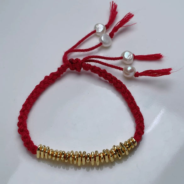 Pearl Bracelet Copper Alloy Freshwater Pearls Rice Type Water Drop Shape Red Rope Handwoven