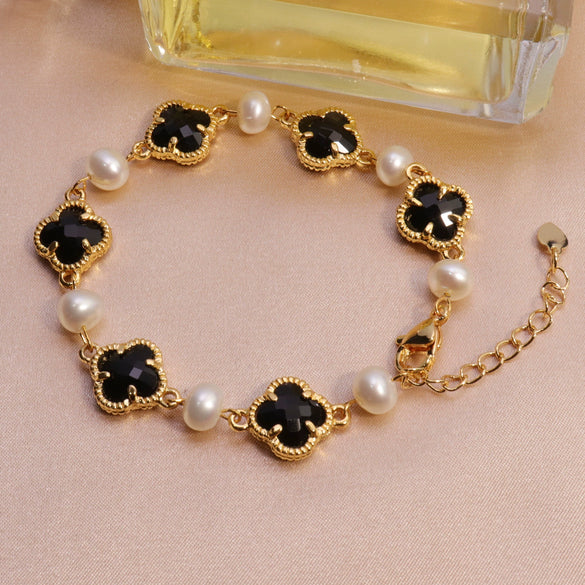Pearl Bracelet Freshwater Pearl Four Leaf Clover Shape Copper Alloy Women's