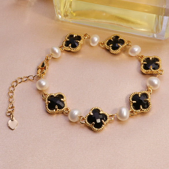 Pearl Bracelet Freshwater Pearl Four Leaf Clover Shape Copper Alloy Women's