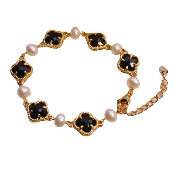 Pearl Bracelet Freshwater Pearl Four Leaf Clover Shape Copper Alloy Women's