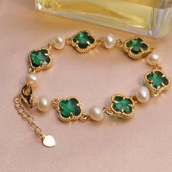Pearl Bracelet Freshwater Pearl Four Leaf Clover Shape Copper Alloy Women's