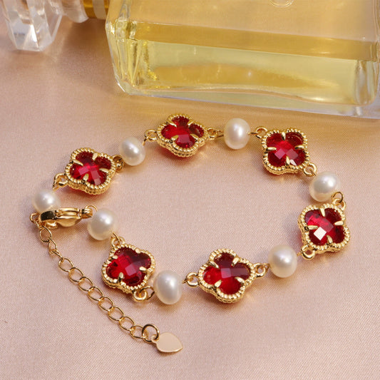 Pearl Bracelet Freshwater Pearl Four Leaf Clover Shape Copper Alloy Women's