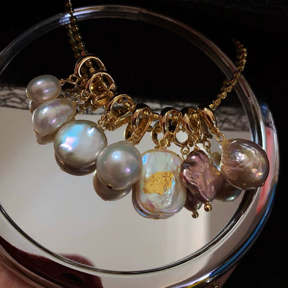 Pearl Bracelet Necklace Pendant Baroque Alien Shape Copper Plated With 14K Gold Genderless Style