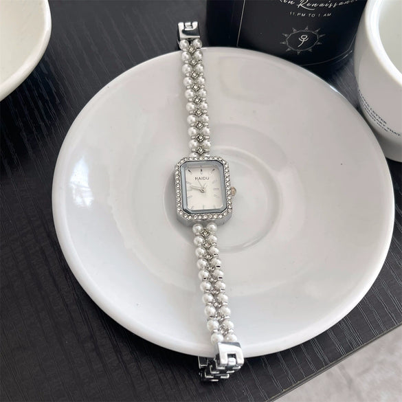 Pearl Bracelet Watch For Women Casual Style Round Dial Alloy Case Rose Gold Buckle Quartz Movement Wholesale