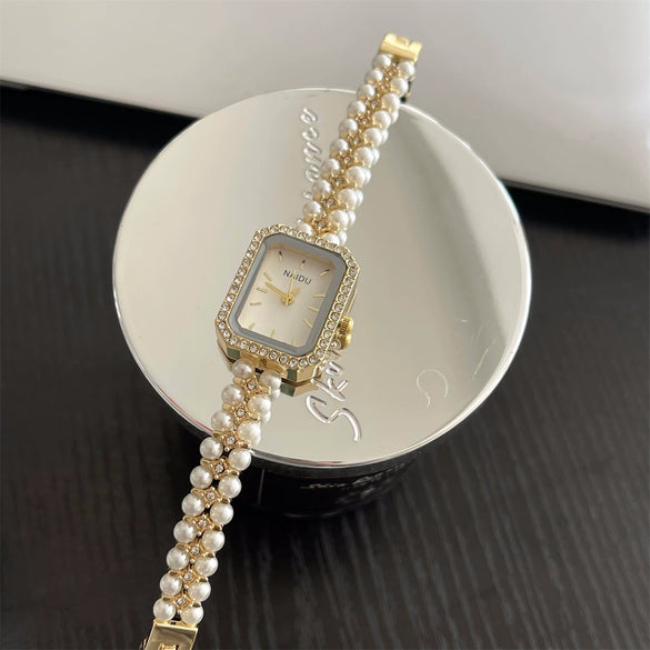Pearl Bracelet Watch For Women Casual Style Round Dial Alloy Case Rose Gold Buckle Quartz Movement Wholesale