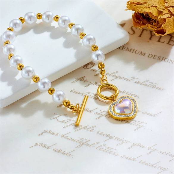 Pearl Bracelet With Diamondembedded Love Pendant Handmade Titanium Steel For Ladies