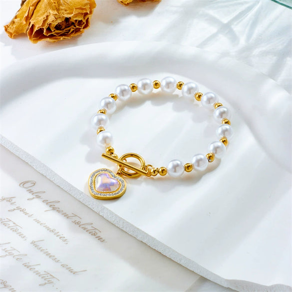 Pearl Bracelet With Diamondembedded Love Pendant Handmade Titanium Steel For Ladies