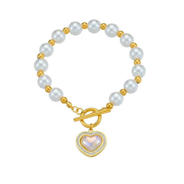 Pearl Bracelet With Diamondembedded Love Pendant Handmade Titanium Steel For Ladies