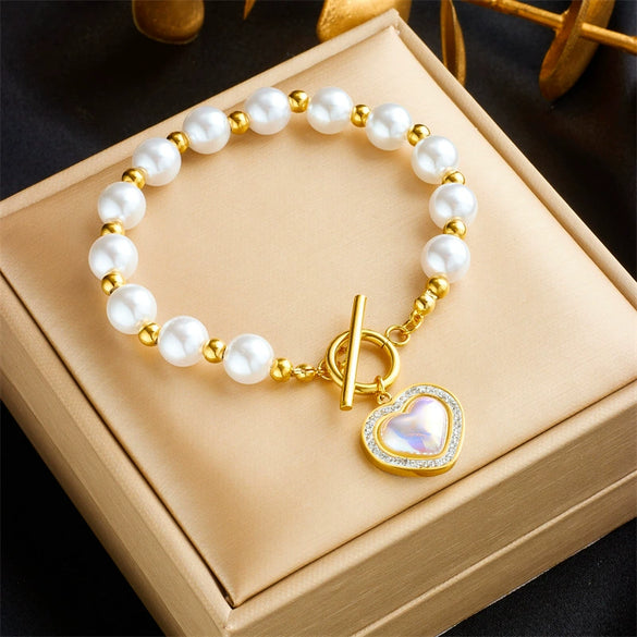 Pearl Bracelet With Diamondembedded Love Pendant Handmade Titanium Steel For Ladies