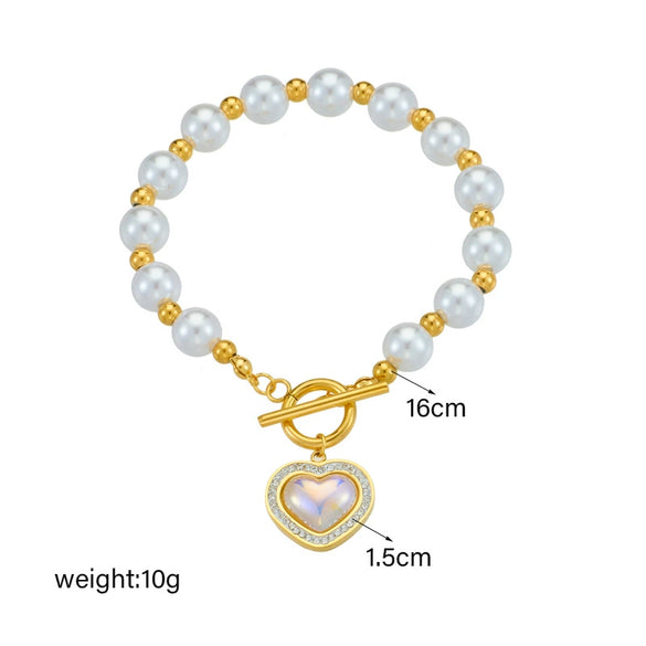 Pearl Bracelet With Diamondembedded Love Pendant Handmade Titanium Steel For Ladies