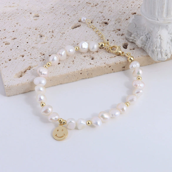 Pearl Bracelet With Fu Character Smiley Face Shell Bow Pendant For Women
