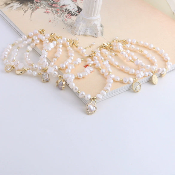 Pearl Bracelet With Fu Character Smiley Face Shell Bow Pendant For Women