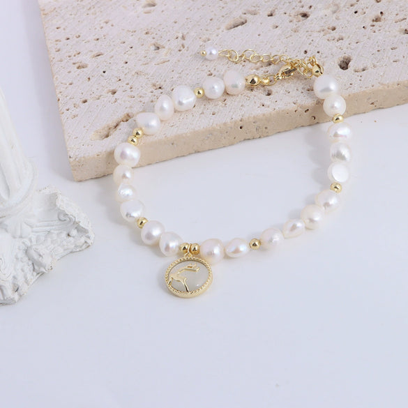 Pearl Bracelet With Fu Character Smiley Face Shell Bow Pendant For Women