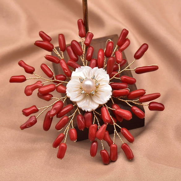 Pearl Brooch Sea Bamboo Tassel Flower Retro Style Fruit Shape Electroplated