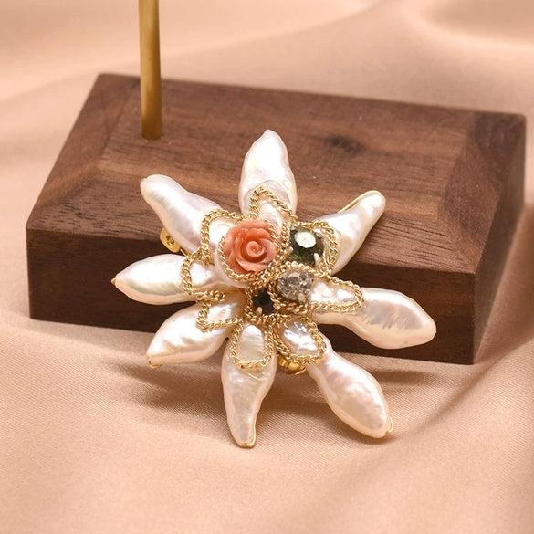 Pearl Brooch Sea Bamboo Tassel Flower Retro Style Fruit Shape Electroplated