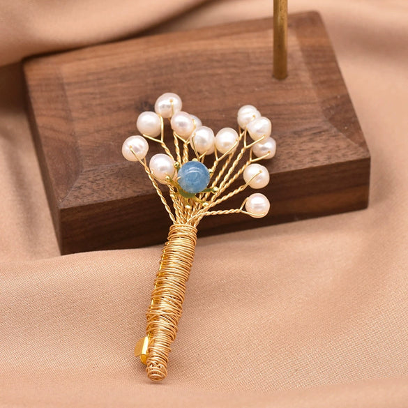 Pearl Brooch Sea Bamboo Tassel Flower Retro Style Fruit Shape Electroplated