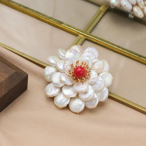 Pearl Brooch Sea Bamboo Tassel Flower Retro Style Fruit Shape Electroplated