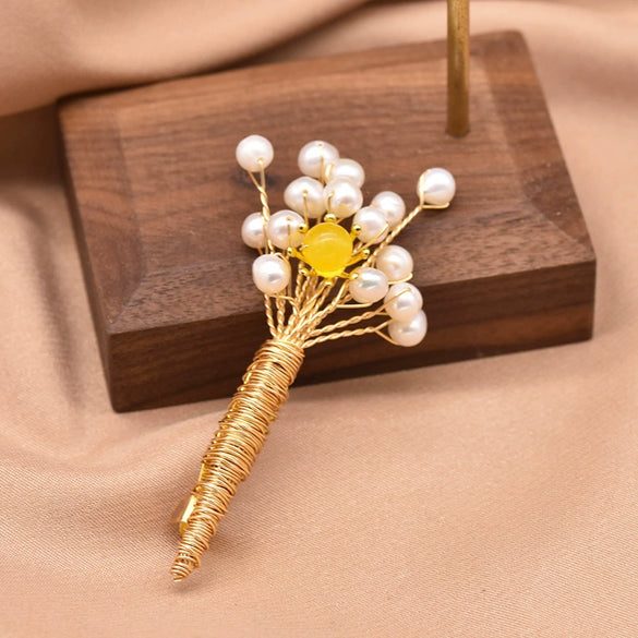 Pearl Brooch Sea Bamboo Tassel Flower Retro Style Fruit Shape Electroplated